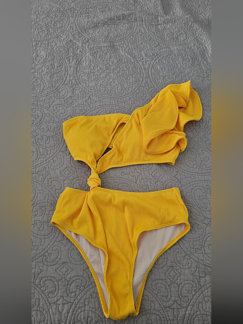 SHEIN Yellow One-Shoulder Ruffle Cutout One-Piece Swimsuit